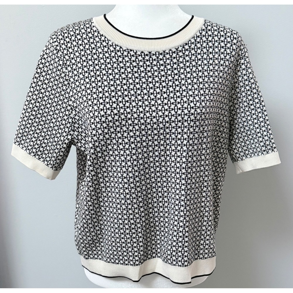 Adrianna Papell Womens Short Sleeve Knit Sweater Top Black Ivory Geometric Large